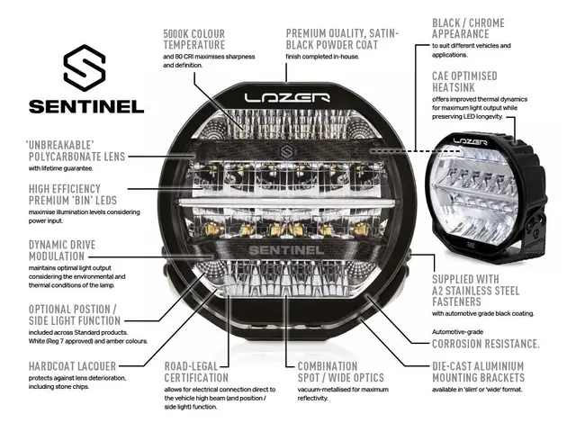 Lazer® Sentinel 9  Elite Black fjernlys Sort. 9 tommer. 15232lm. Parklys 
