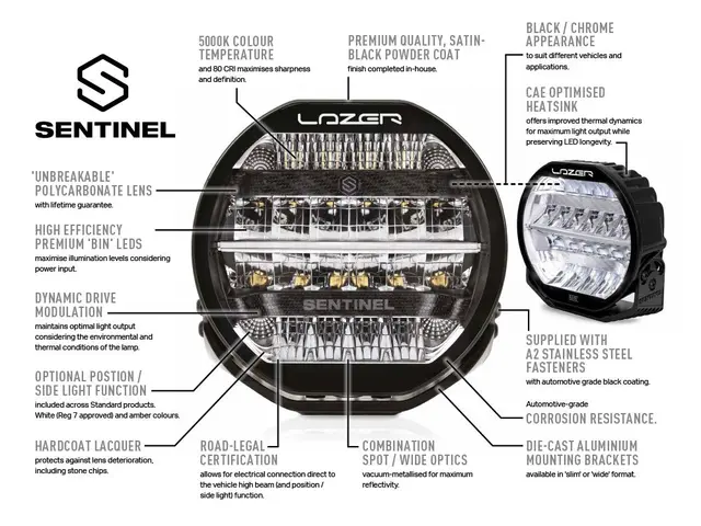 Lazer® Sentinel 7" Elite Black fjernlys Sort. 7 tommer. 10248lm 