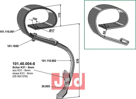 Spring tine for Kongskilde Height: 170, Total height: 740