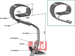 Fjærstål-tind til Kongskilde 170mm høyde, 840mm totalhøyde