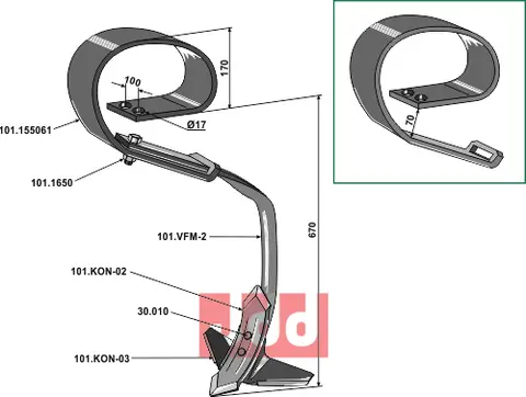 Fjærstål-tind til Kongskilde 170mm høyde, 840mm totalhøyde