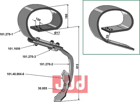 Spring tine compl. with share For Doublet-Record, høyde 775mm