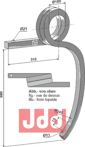 Dobbelt spiralfjær, venstre 40x40 mm, radius 245 mm