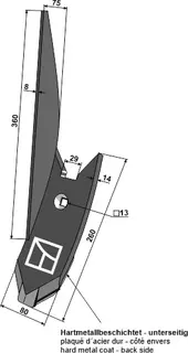 Venstre kultivatorspiss - hardmetall Hål: 13, lengde: 260