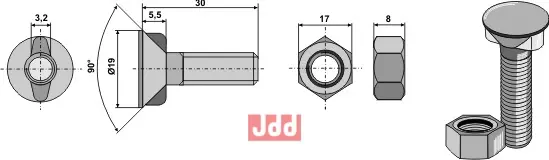 Plogbolt M10x1,5x30 - 12.9 m. Mutter - JDD Utstyr