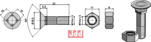Plogbolt M10x1,5x33 med Mutter - JDD Utstyr