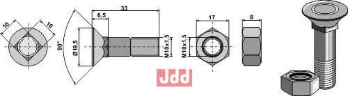 Plogbolt M10x1,5x33 med Mutter - JDD Utstyr