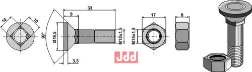 Plogbolt M10x1,5x33 med Mutter - JDD Utstyr