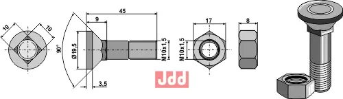 Plogbolt M10x1,5x45 med Mutter - JDD Utstyr