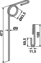 Following tine Ø9mm til Väderstad Ø9mm, L: 473mm, Bolts: 11.5