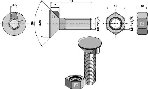 Plogbolt M12x1,75x30 DIN 604 10.9 mutter DIN 934