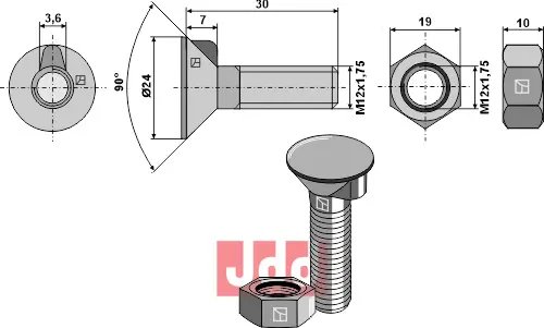Plogbolt DIN 604 M12x1,75x30 med Mutter - JDD Utstyr