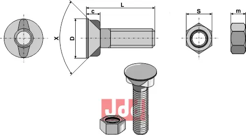 Plogbolt M12 x 1,75 x 30 med Mutter - JDD Utstyr