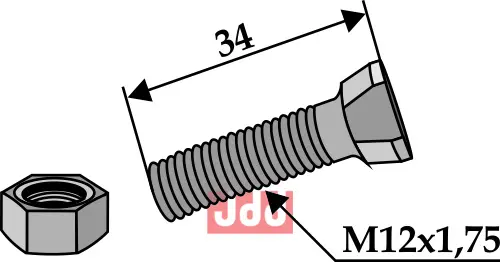 Plogbolt M12x1,75x34 m. Mutter - JDD Utstyr