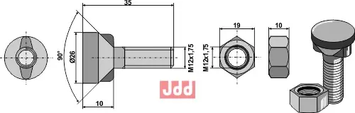 Plogbolt M12 x 1,75 x 35 med Mutter - JDD Utstyr