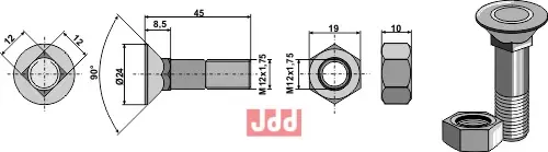 Plogbolt M12x1,75x45 med Mutter - JDD Utstyr
