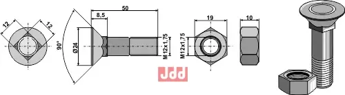 Plogbolt M12x1,75x50 med Mutter - JDD Utstyr