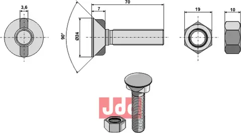 Plogbolt DIN 11014 M12x1,75x70 med Mutter