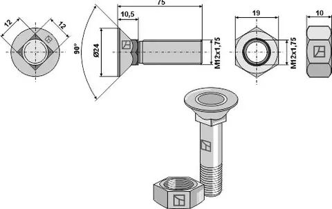 Plogbolt M12x1,75x75 10.9 mutter DIN 934-8