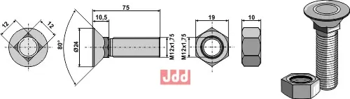 Plogbolt DIN 608 M12 x 1,75 x 75 - JDD Utstyr