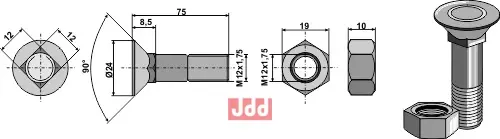 Plogbolt M12x1,75x75 med Mutter - JDD Utstyr
