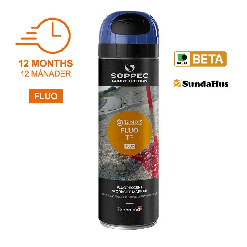 Soppec Fluo TP Blå, 500 ml 12 måneders fluorescerende merkespray
