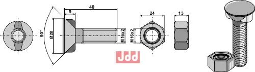 Plogbolt M16 x 2 x 40 med Mutter - JDD Utstyr