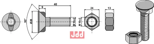 Plogbolt M16 x 2 x 40 med Mutter - JDD Utstyr