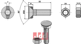 Plogbolt M16x2x55 Kverneland Ø28, lengde 55, DIN 934-8