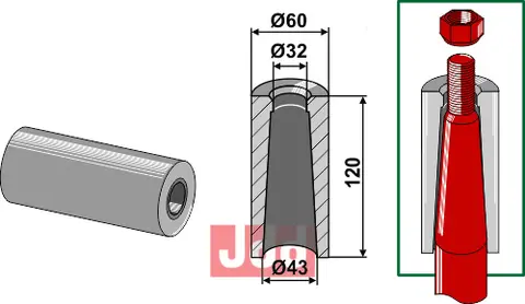 Sveiseforing for storballe tind M28 gjenger, Ø60mm, 120mm lengde