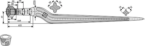 Silage tine til Fella Ø36, 600mm, M22x1,5