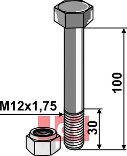 Bolt M12x1,75x100 - 8.8 m. Låsemutter