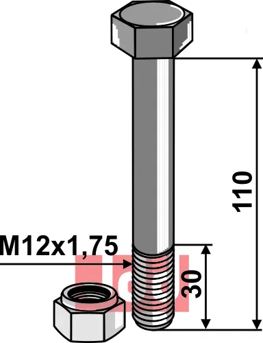 Bolt M12x1,75x110 - 8.8 m. Låsemutter - JDD Utstyr