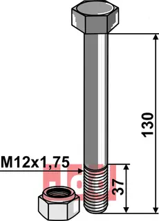 Bolt M12x1,75x130 - 8.8 m. Låsemutter