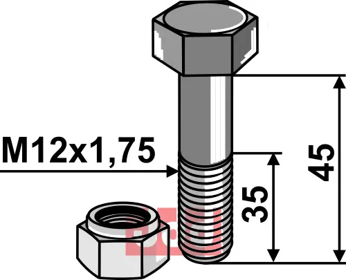 Bolt M12x1,75x45 - 8.8 m. Låsemutter - JDD Utstyr