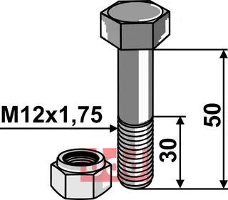 Bolt M12x1,75x50 - 8.8 m. Låsemutter