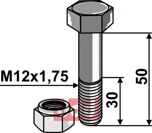Bolt M12x1,75x50 - 8.8 m. Låsemutter - JDD Utstyr