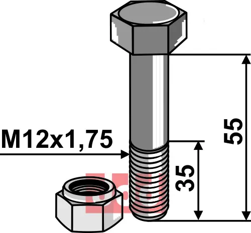Bolt M12x1,75x55 - 8.8 m. Låsemutter - JDD Utstyr