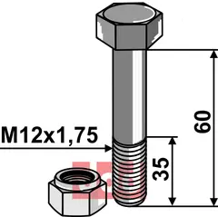 Bolt M12x1,75x60 - 8.8 m. Låsemutter