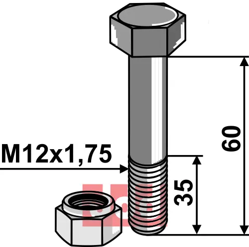Bolt M12x1,75x60 - 8.8 m. Låsemutter - JDD Utstyr