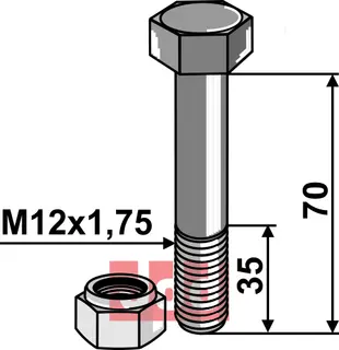 Bolt M12x1,75x70 - 8.8 m. Låsemutter