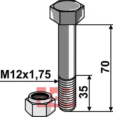Bolt M12x1,75x70 - 8.8 m. L&#229;semutter