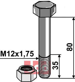 Bolt M12x1,75x80 - 8.8 m. Låsemutter