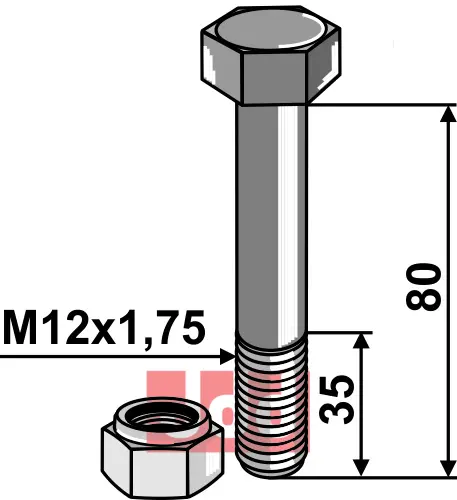 Bolt M12x1,75x80 - 8.8 m. Låsemutter - JDD Utstyr