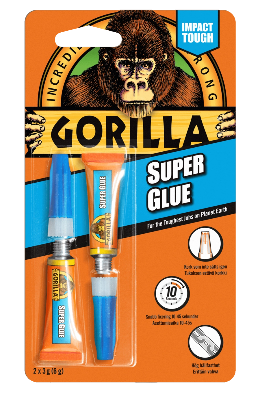 Gorilla Superlim i tuber på 2x3 gram Lynraskt og Supersterkt på 30 sekunder