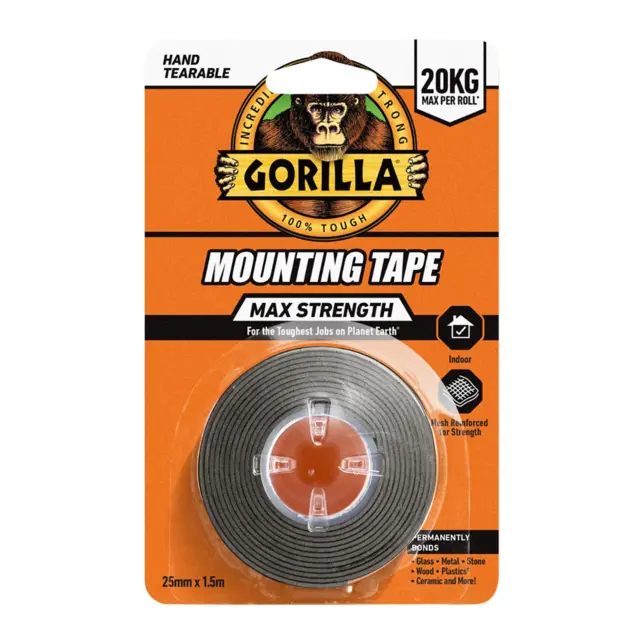 Gorilla Mounting Tape Max Strength Monteringstape sort, 25mm X 1m 