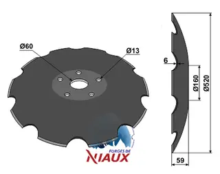 Notched disc til Forges de Niaux Ø520x6, 10 notches, concavity 59