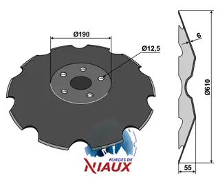 Notched disc Ø610x6 Forges de Niaux Ø610mm, 10 notches, Carrier 925-1225