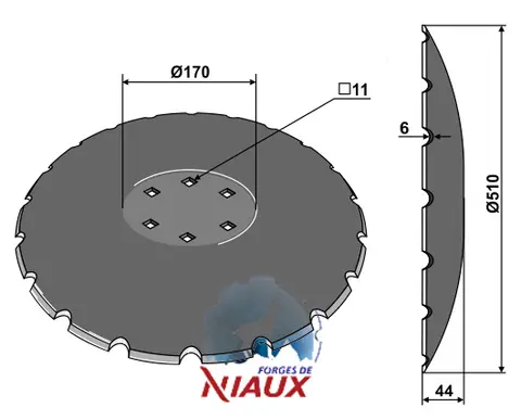 Notched disc til Forges de Niaux Ø510x6, 20 notches, 44 concavity