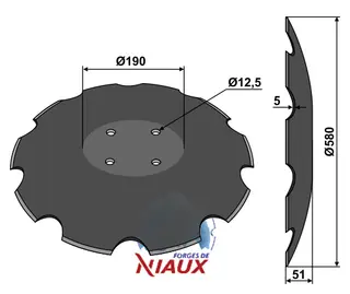 Notched disc til Forges de Niaux Ø580x5, 10 notches, 51 konveksitet